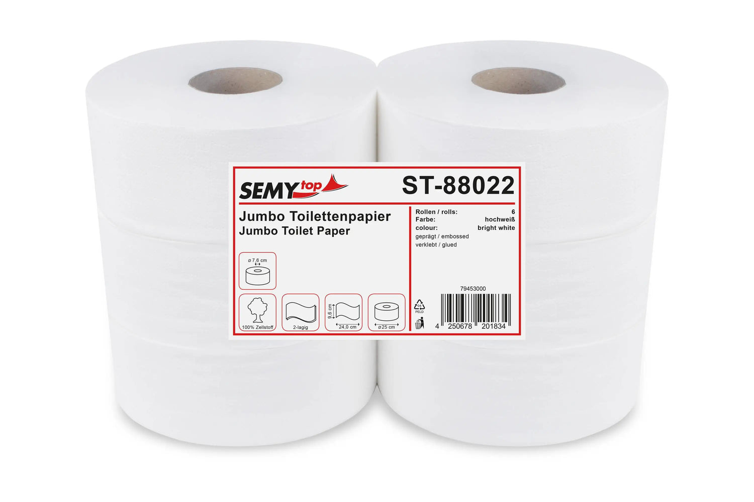 SemyTop Jumbo-Toilettenpapier, 2-lagig, Zellstoff hochweiss, Ø 25 cm, 6 Rollen